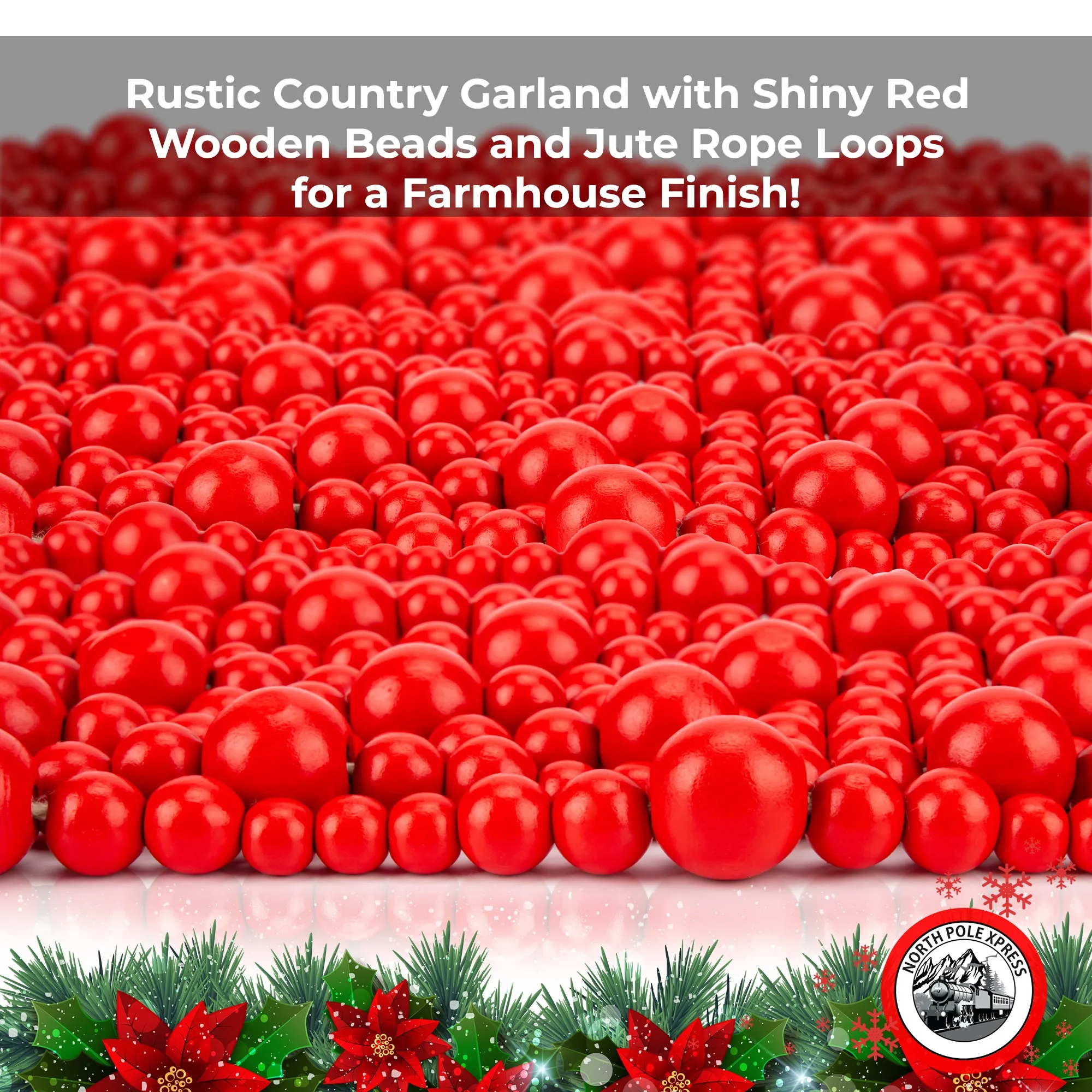 9 Foot Red Wood Bead Ball Christmas Garland
