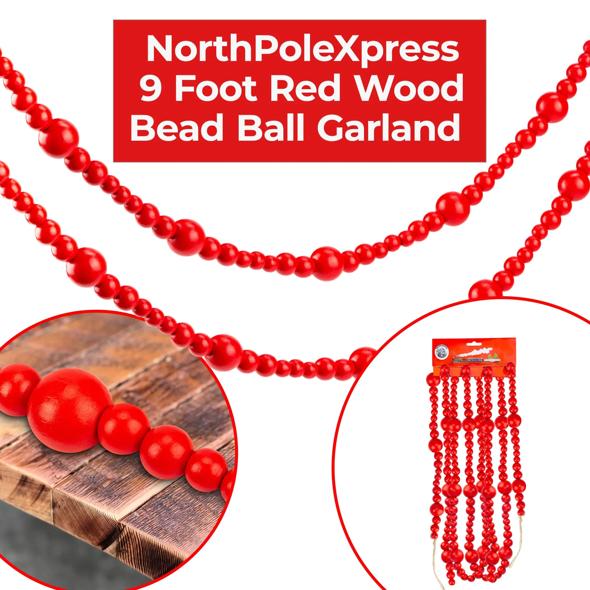 9 Foot Red Wood Bead Ball Christmas Garland