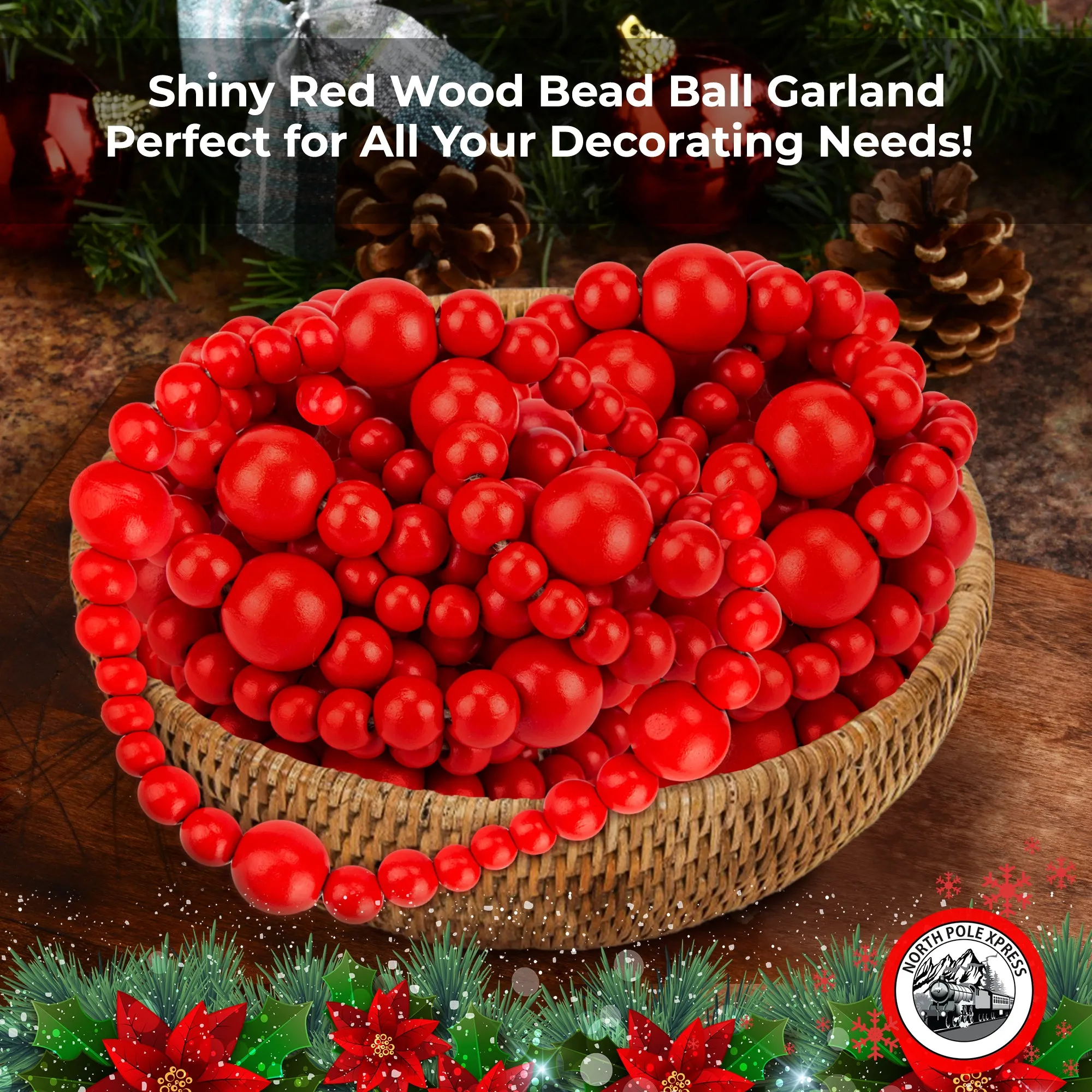 9 Foot Red Wood Bead Ball Christmas Garland
