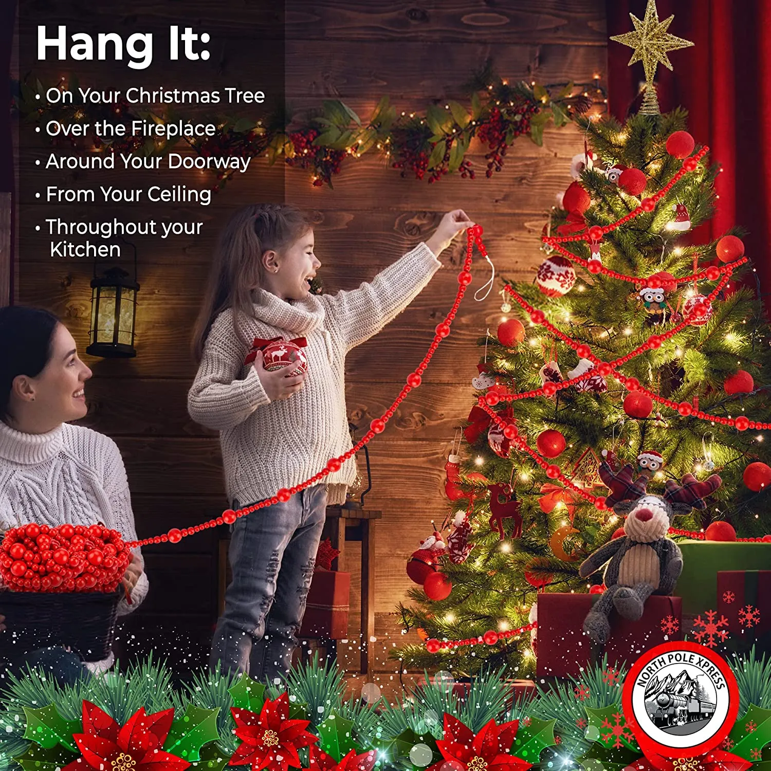 9 Foot Red Wood Bead Ball Christmas Garland