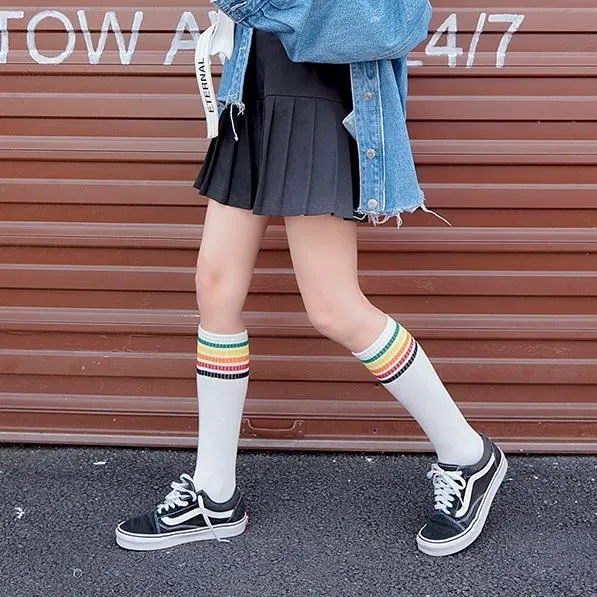 Colorful Stripes Teenage Fashion Ribbed High Socks