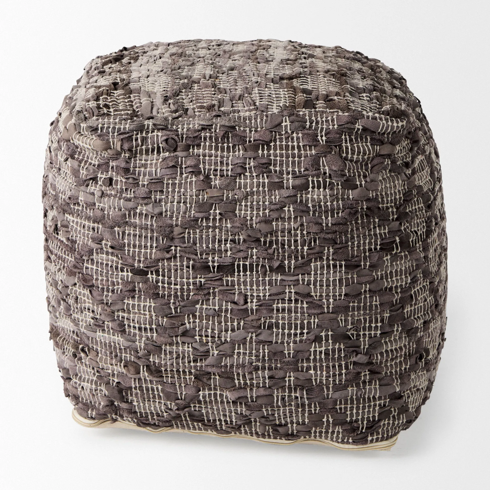 Falguni Pouf Gray Leather & Cotton