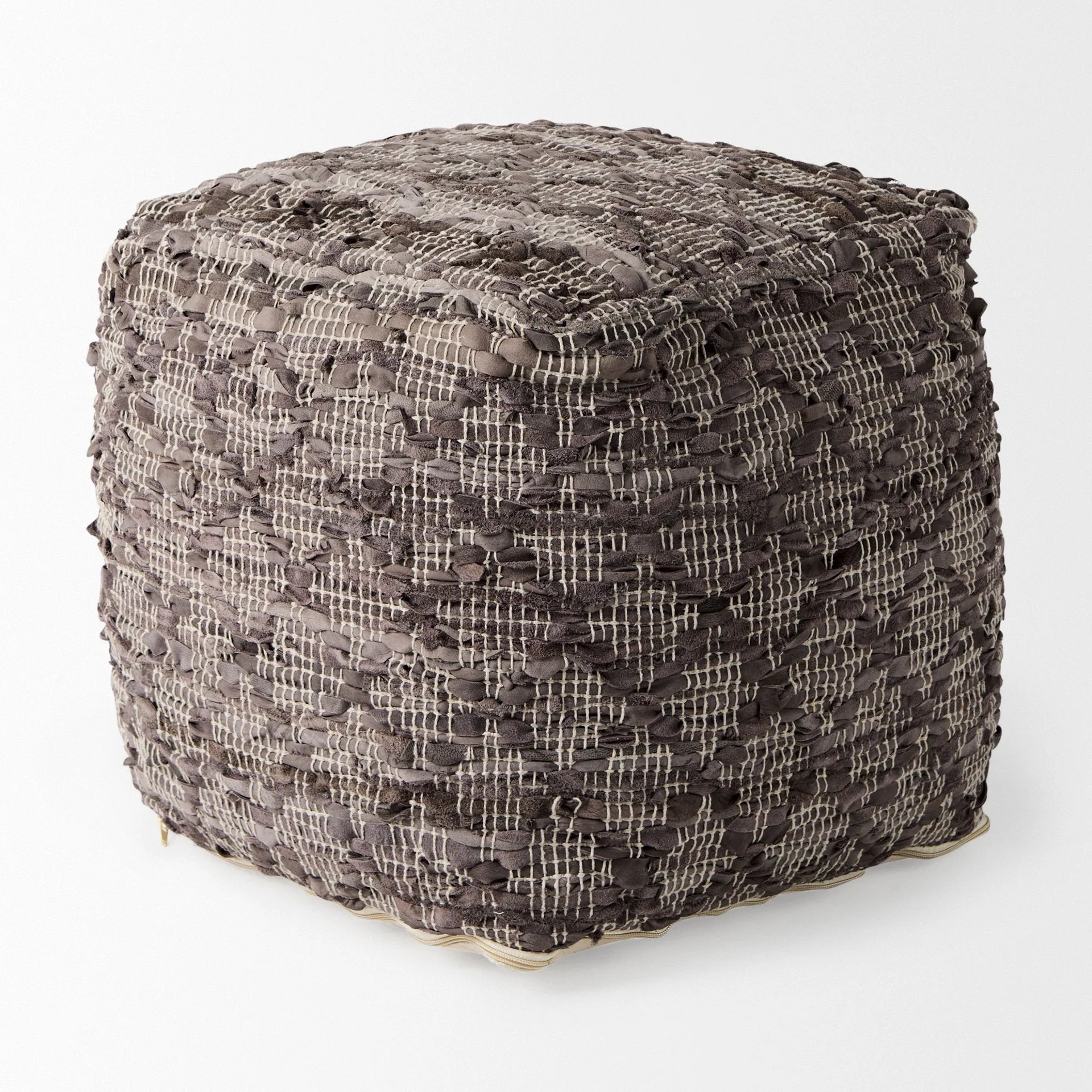 Falguni Pouf Gray Leather & Cotton