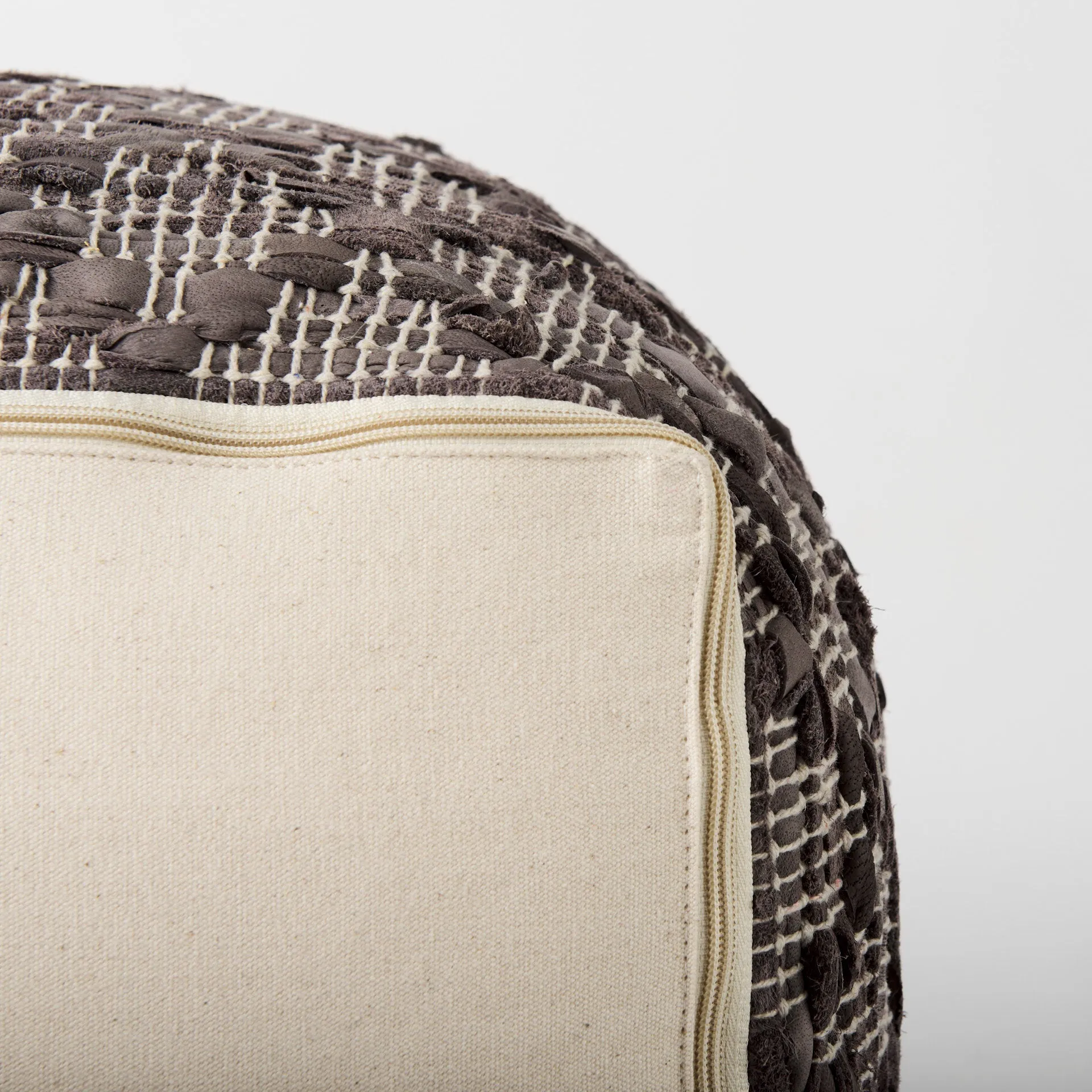 Falguni Pouf Gray Leather & Cotton