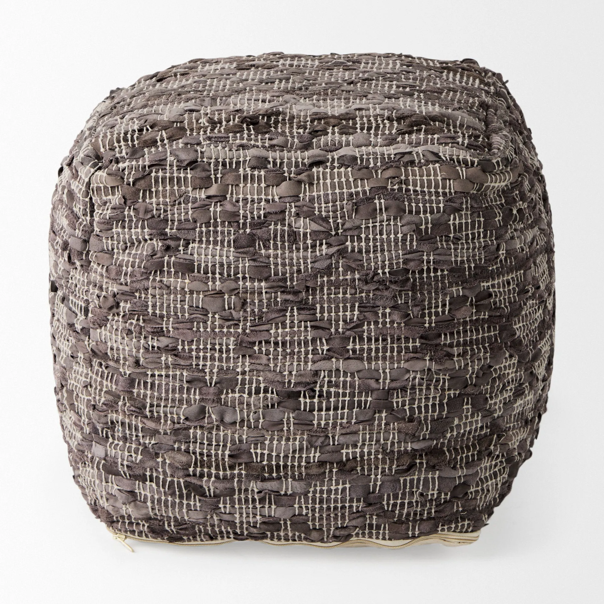 Falguni Pouf Gray Leather & Cotton