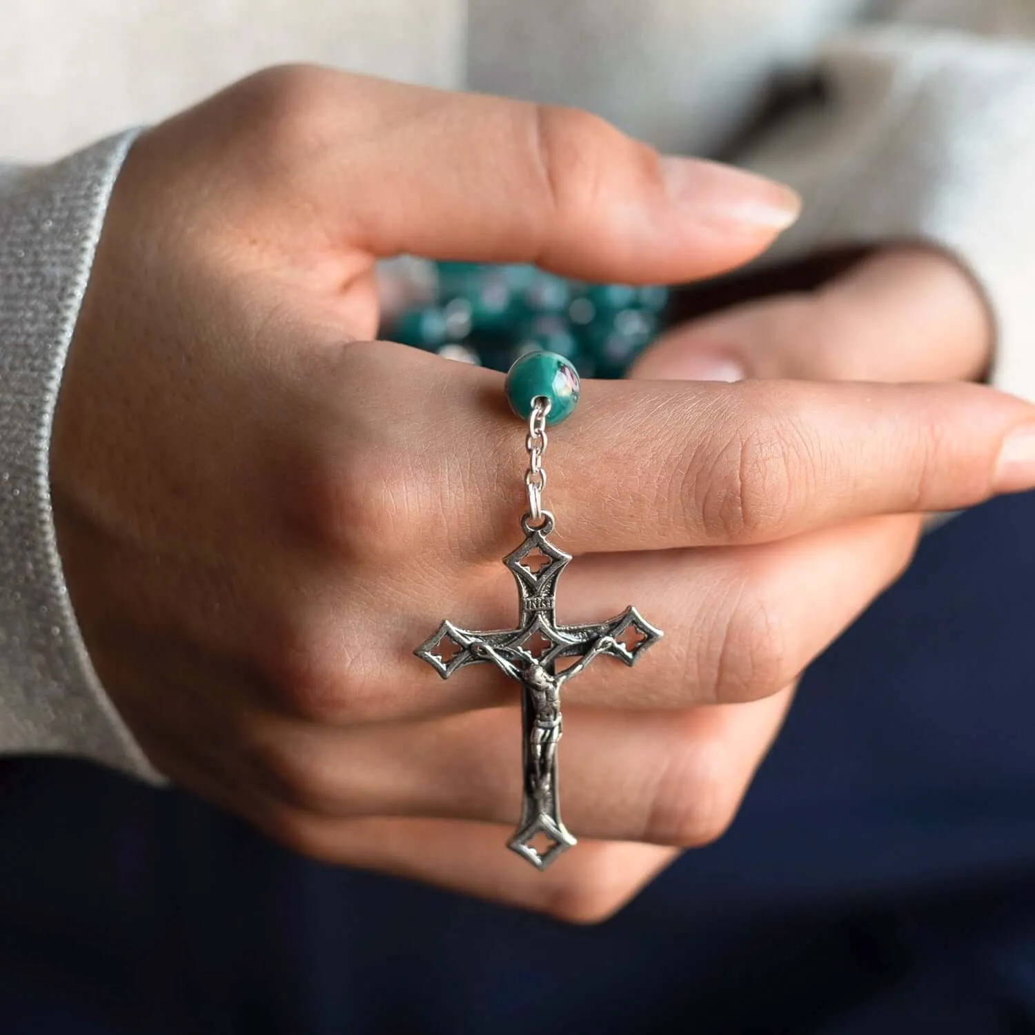 GREEN MURANO GLASS ROSARY - SILVER