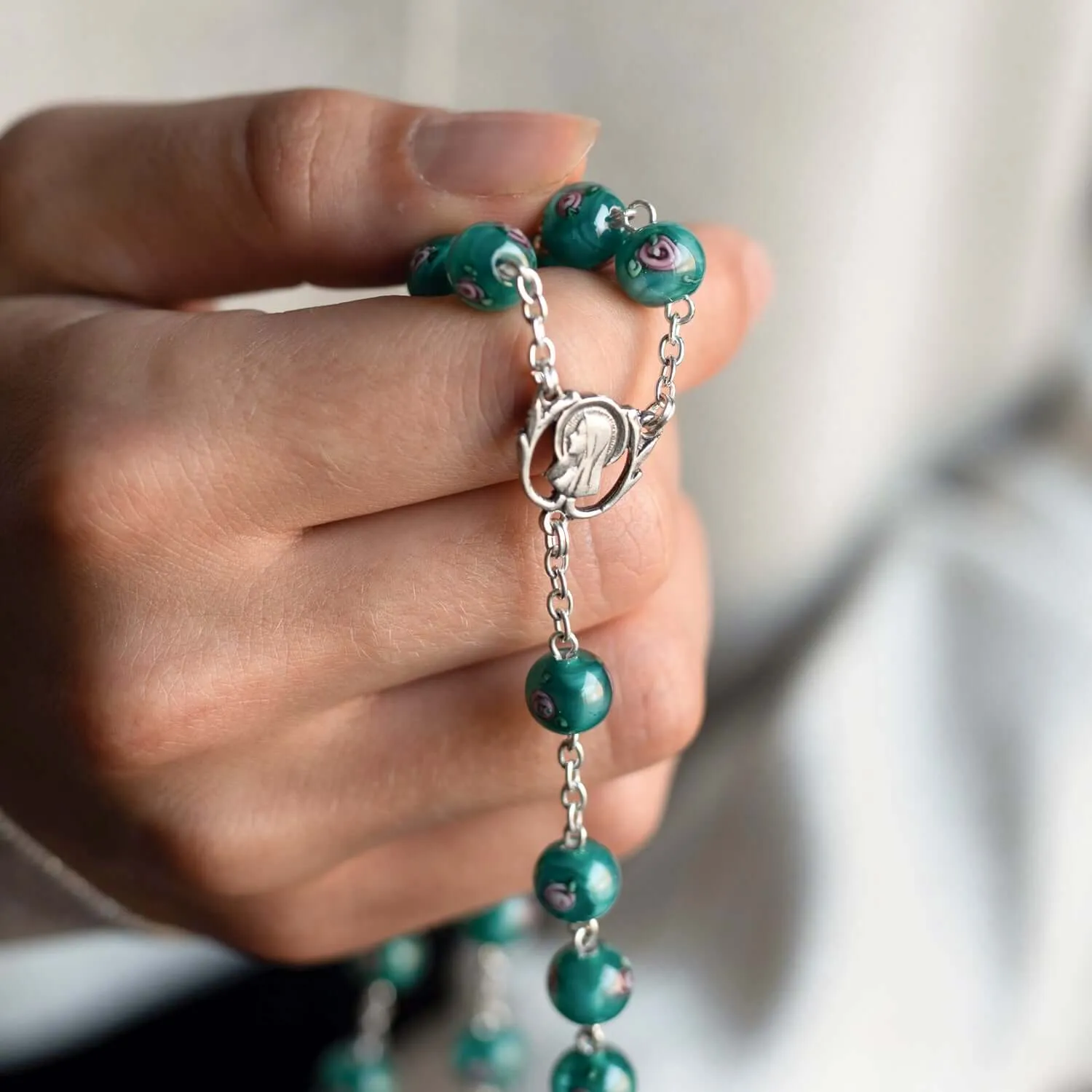 GREEN MURANO GLASS ROSARY - SILVER