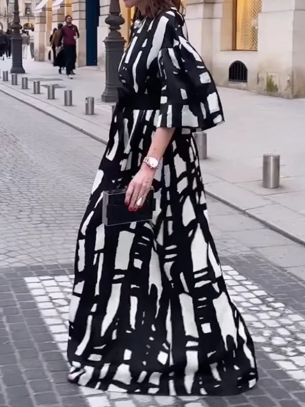 Loose Puff Sleeves Printed Striped Round-Neck Maxi Dresses
