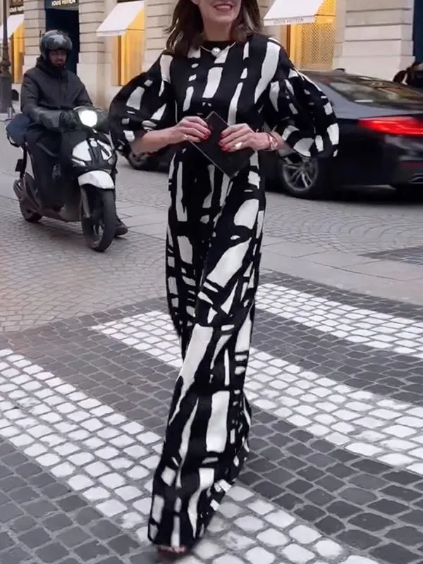 Loose Puff Sleeves Printed Striped Round-Neck Maxi Dresses