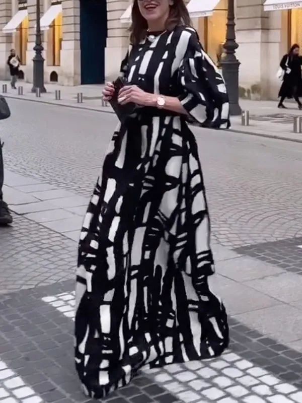 Loose Puff Sleeves Printed Striped Round-Neck Maxi Dresses
