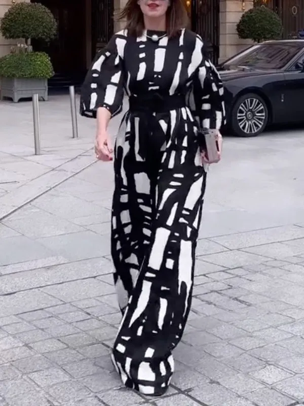 Loose Puff Sleeves Printed Striped Round-Neck Maxi Dresses