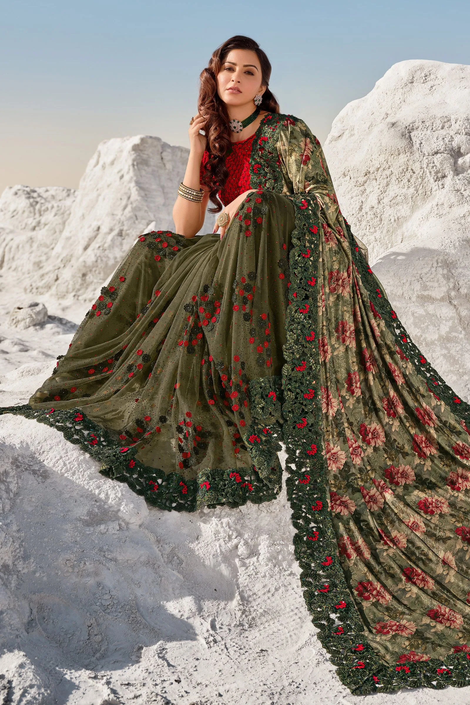 Mahendi Green Floral Embroidered Net Saree