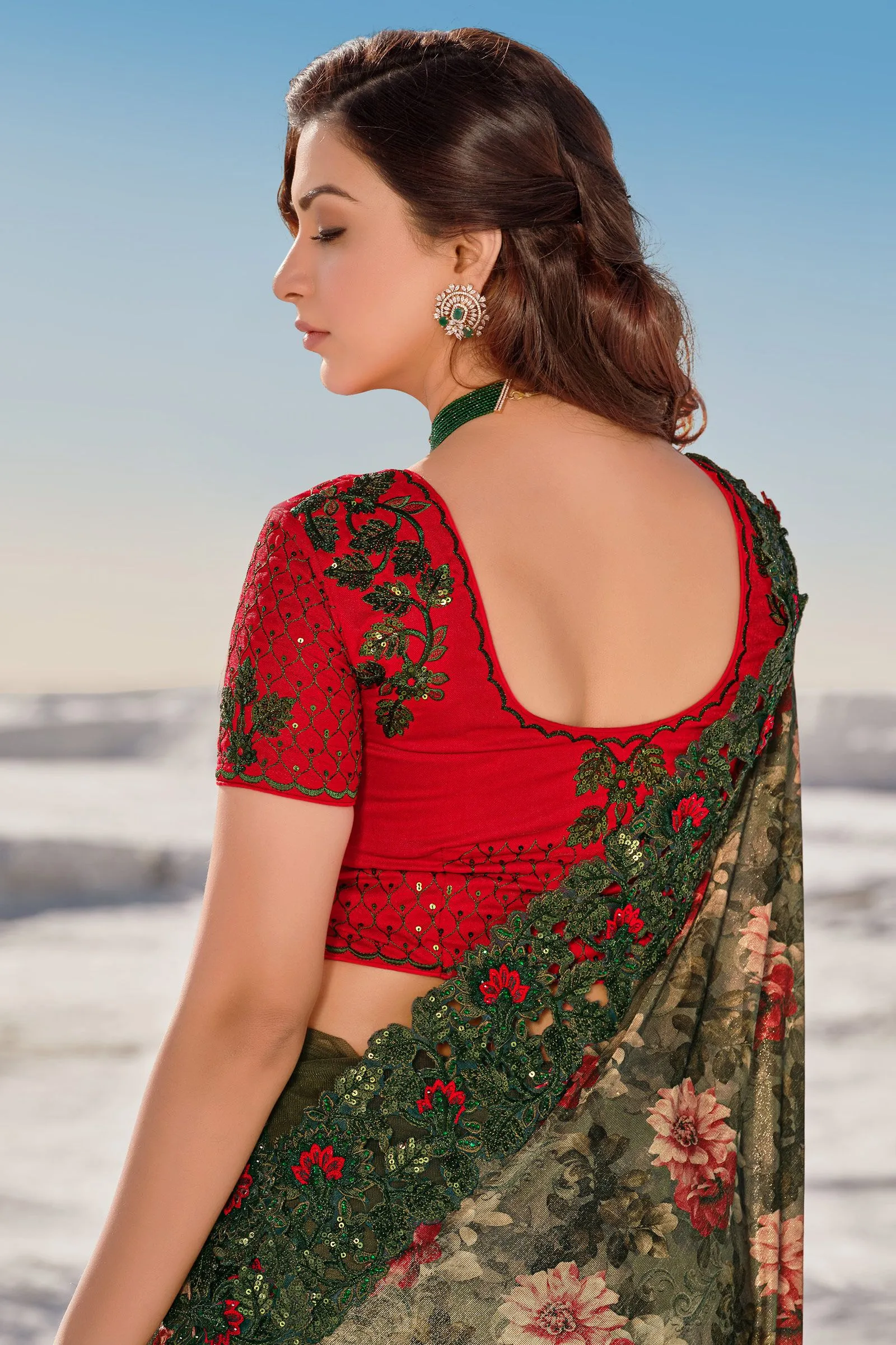 Mahendi Green Floral Embroidered Net Saree