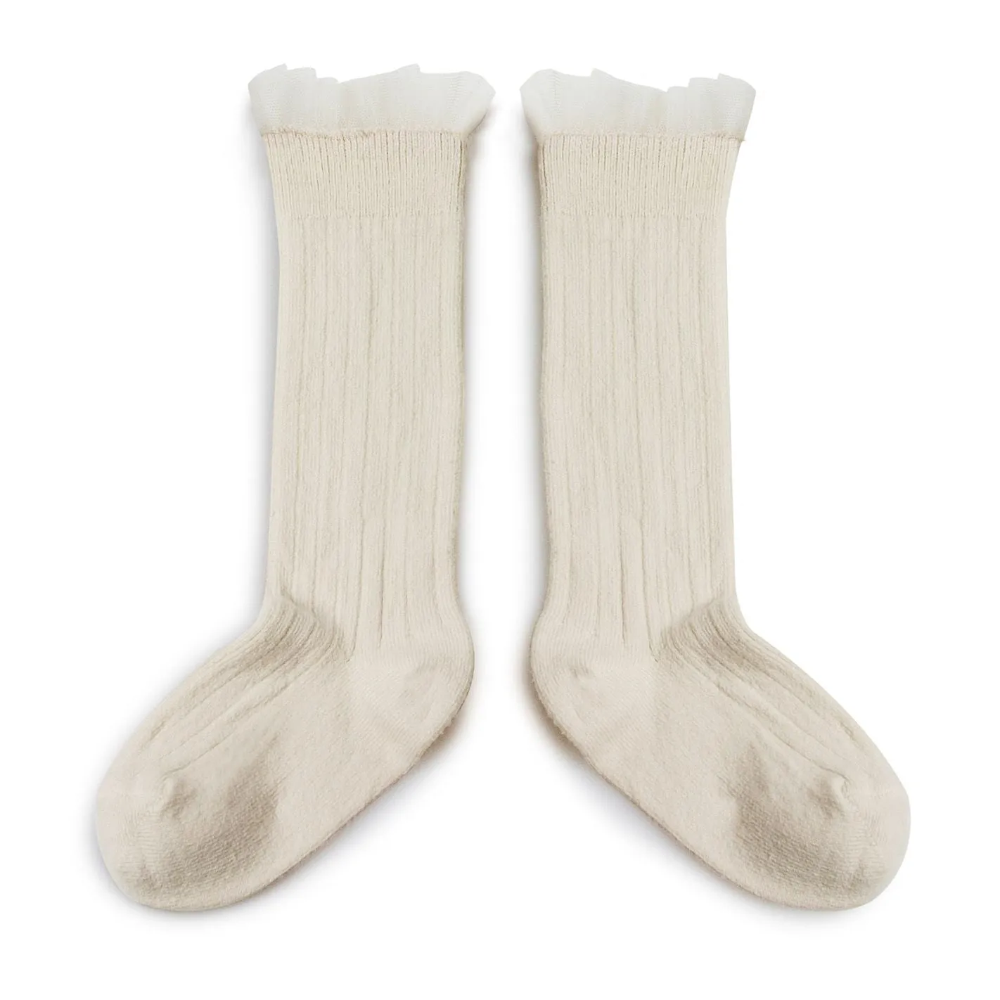 Manon - Ribbed Knee High Socks with Tulle (Cream)