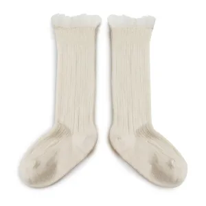 Manon - Ribbed Knee High Socks with Tulle (Cream)