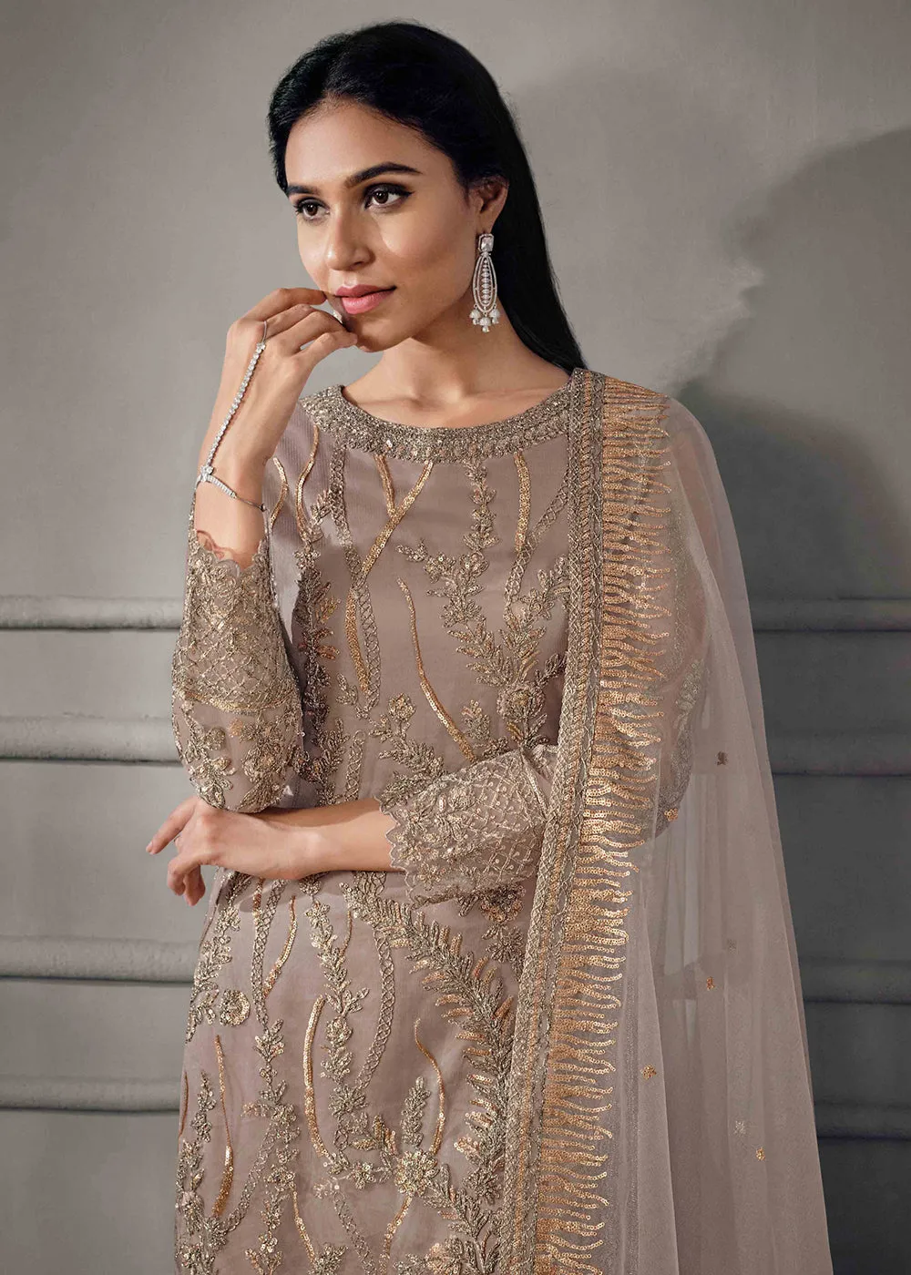Mauve Beige Wedding Wear Net Embroidered Salwar Suit