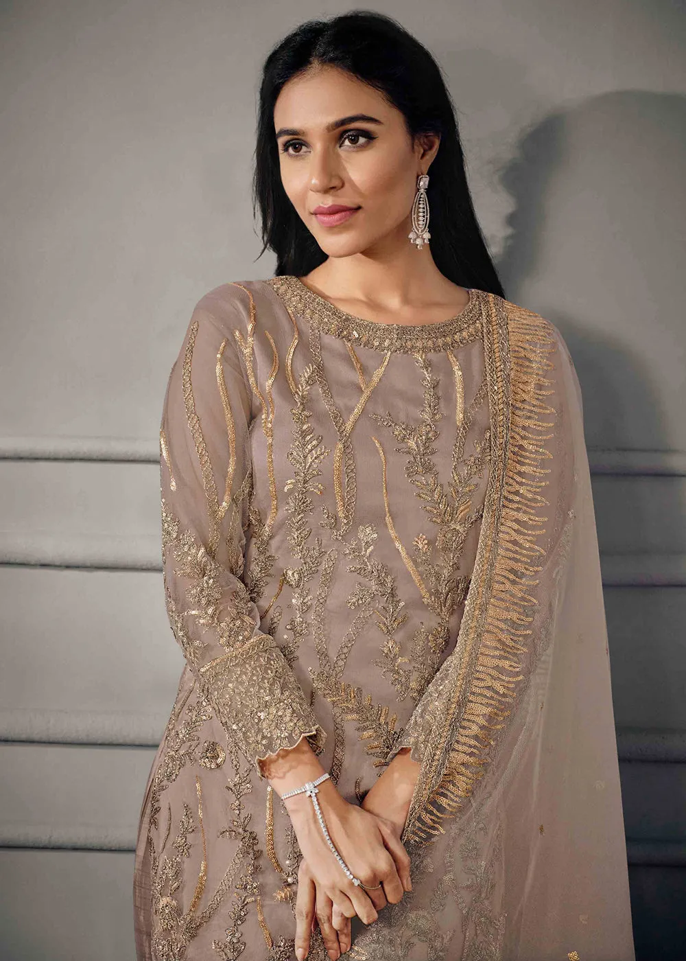 Mauve Beige Wedding Wear Net Embroidered Salwar Suit