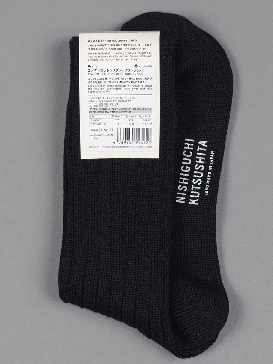 Nishiguchi Kutsushita Egyptian Cotton Ribbed Socks Black