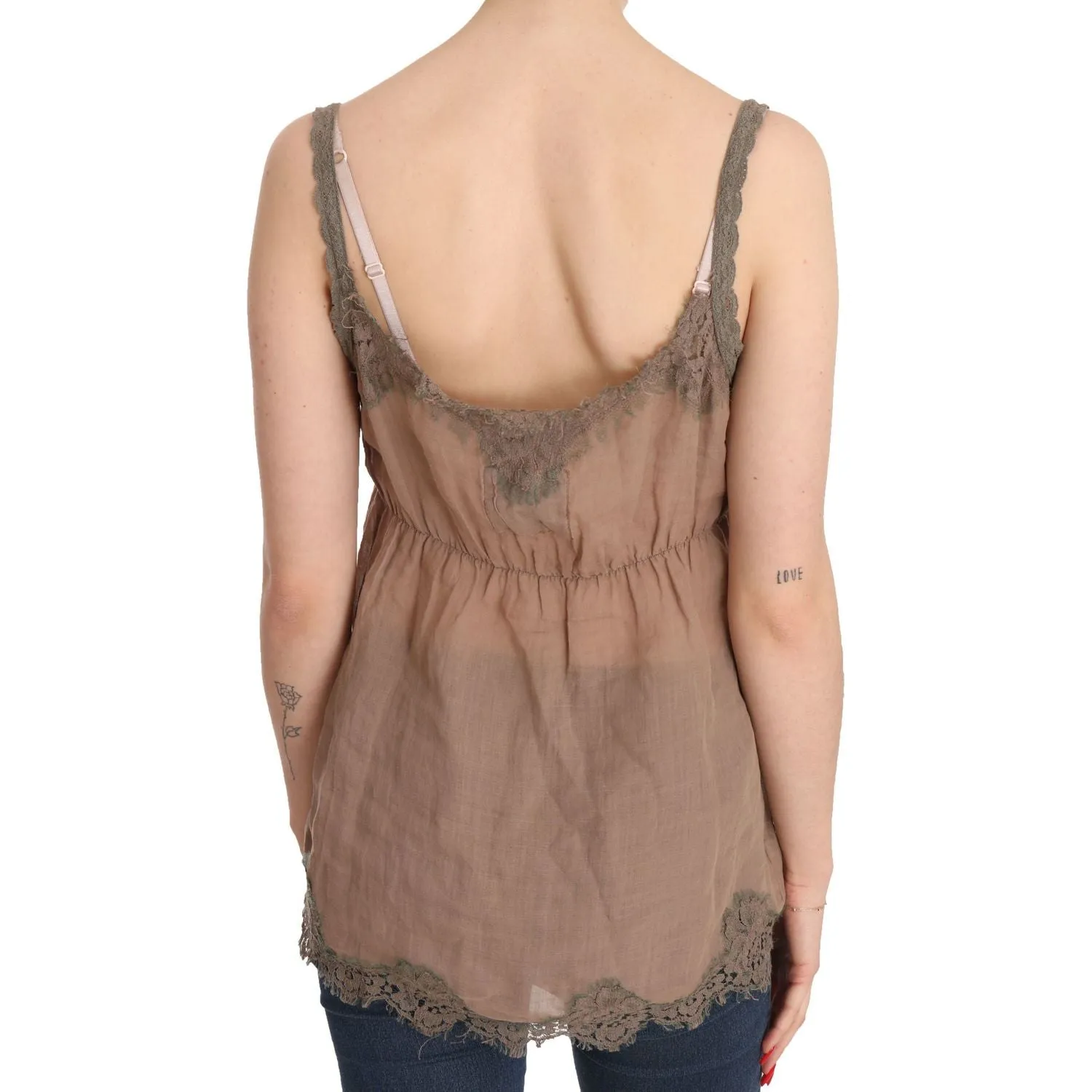 PINK MEMORIES Elegant Lace Brown Linen Blouse