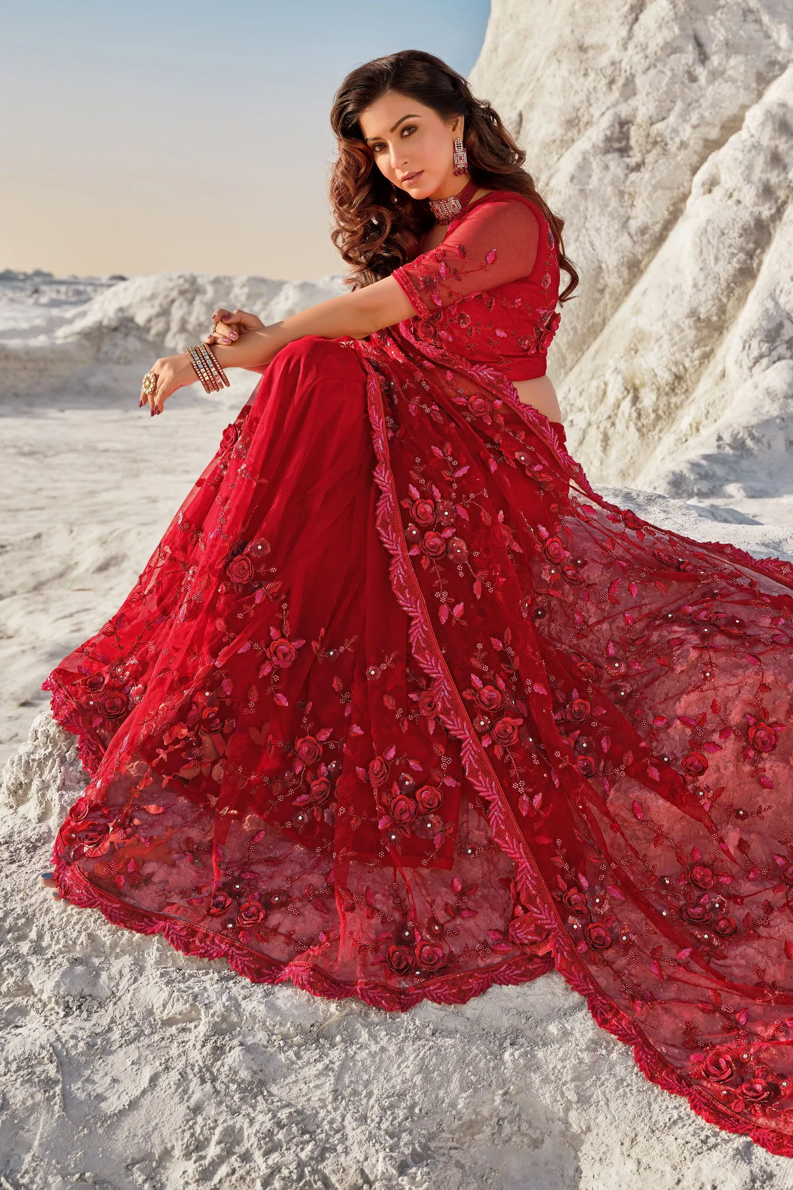 Premium Red Floral Embroidered Net Saree