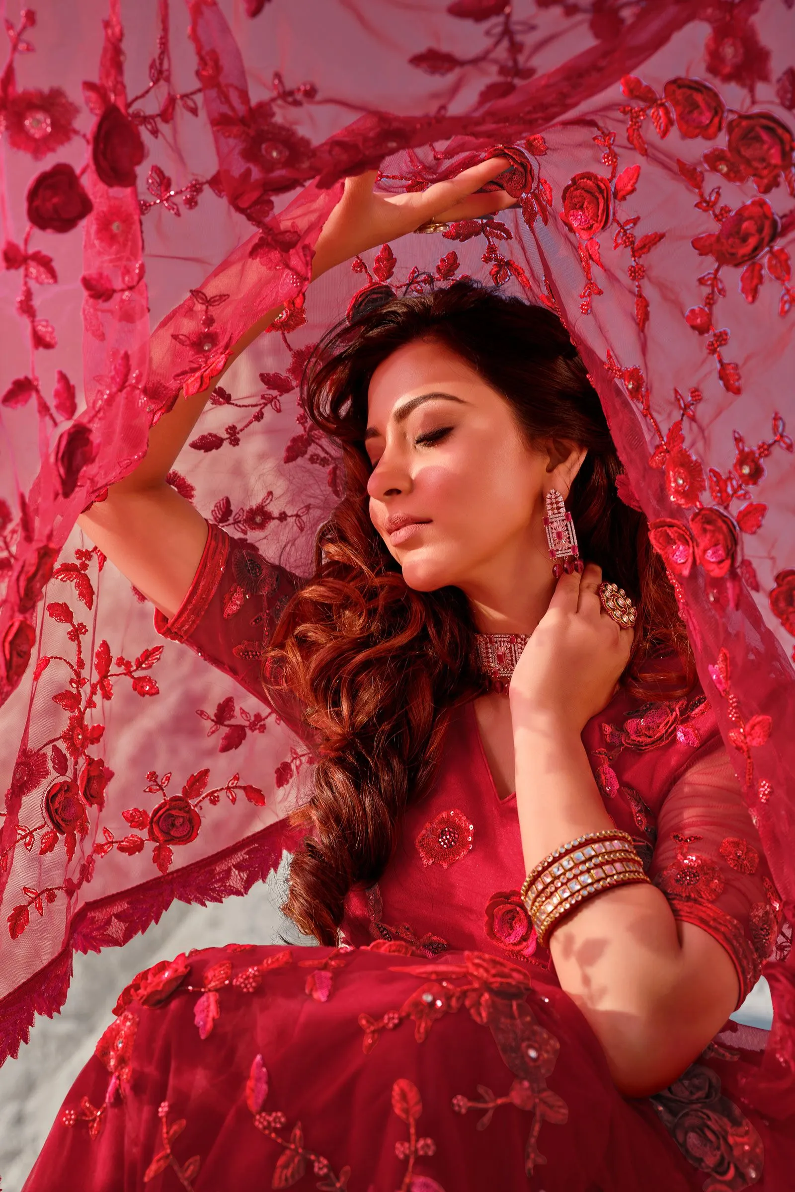 Premium Red Floral Embroidered Net Saree