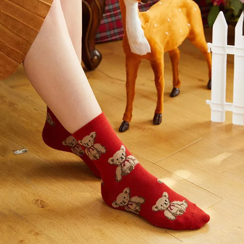 Red Bear Retro Cotton Stockings Calf Length Christmas Gifts Series 6 Pairs