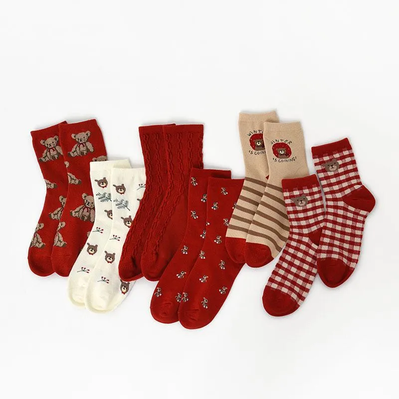 Red Bear Retro Cotton Stockings Calf Length Christmas Gifts Series 6 Pairs