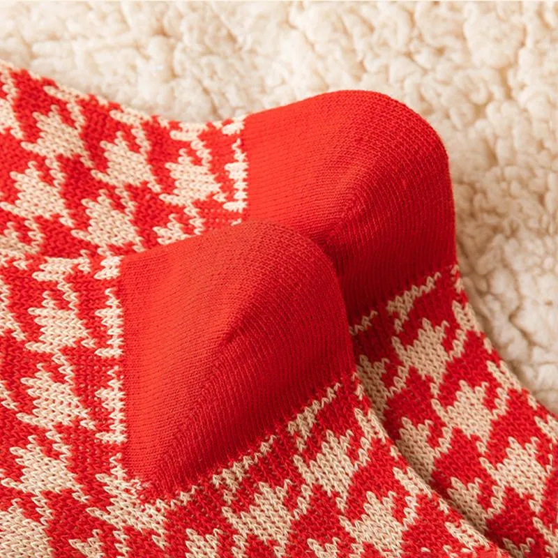 Red Retro Cotton Stockings Calf Length Christmas Gifts Series 3 Pairs