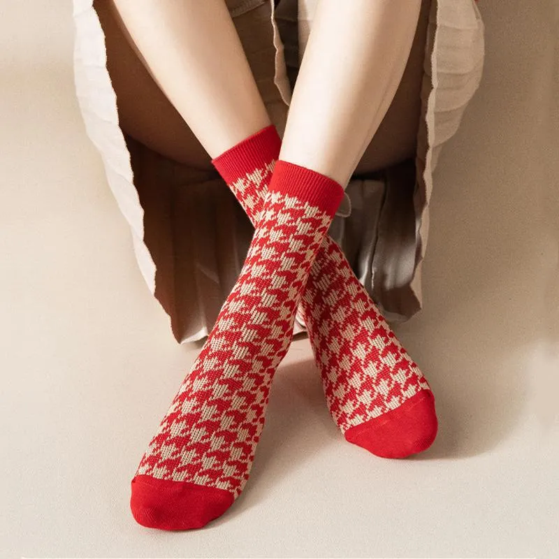 Red Retro Cotton Stockings Calf Length Christmas Gifts Series 3 Pairs