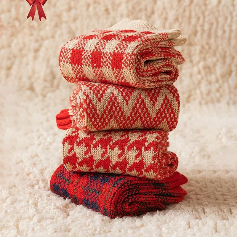 Red Retro Cotton Stockings Calf Length Christmas Gifts Series 3 Pairs