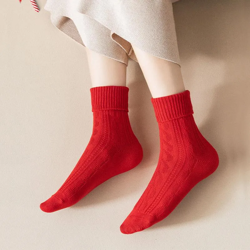 Red Retro Cotton Stockings Calf Length Christmas Gifts Series 3 Pairs
