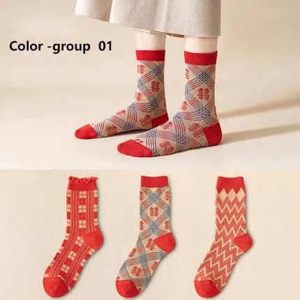 Red Retro Cotton Stockings Calf Length Christmas Gifts Series 3 Pairs