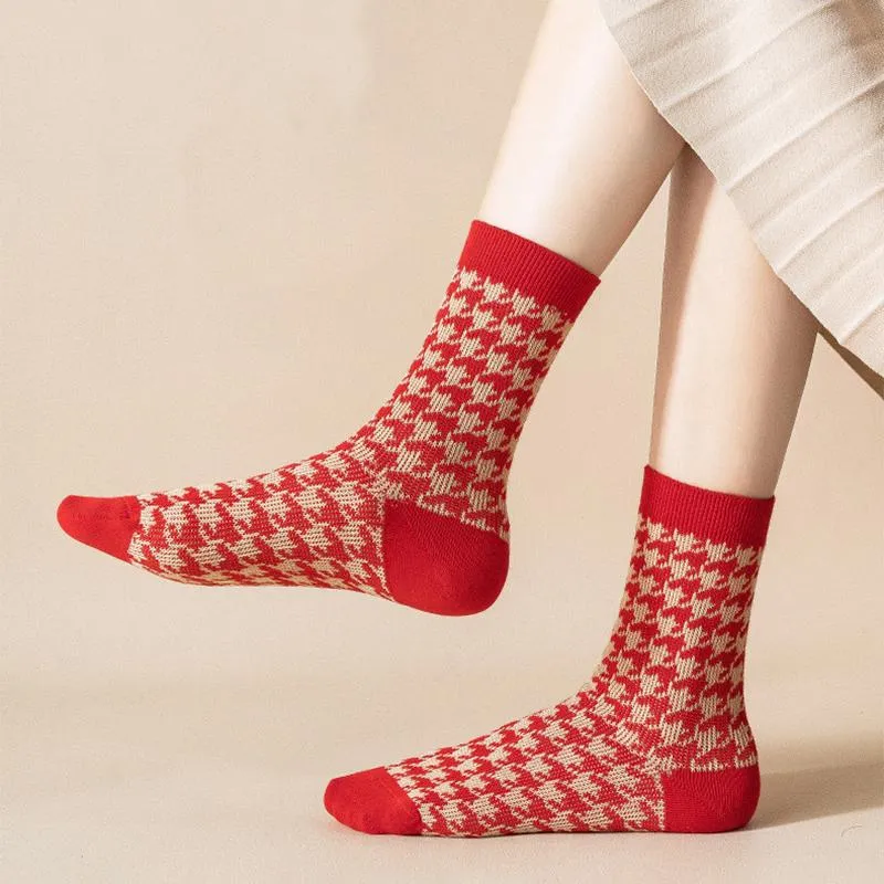Red Retro Cotton Stockings Calf Length Christmas Gifts Series 3 Pairs