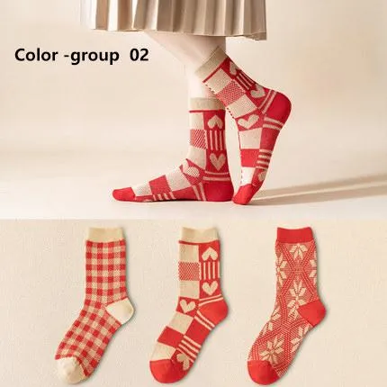 Red Retro Cotton Stockings Calf Length Christmas Gifts Series 3 Pairs
