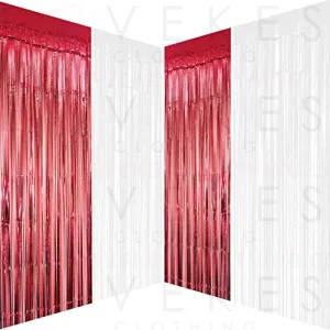 Red White Metallic Tinsel Foil Fringe Curtain Circus Welcome Carnival Under The Top Birthday Baby Shower Graduation Halloween Wedding Valentines Day Party Photo Booth Backdrop Decoration, 4pc