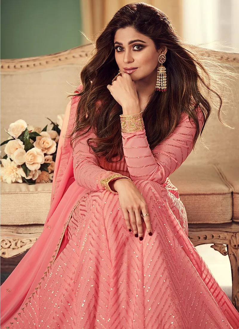 Salmon Peach Belt Style Anarkali Featuring Shamita Shetty