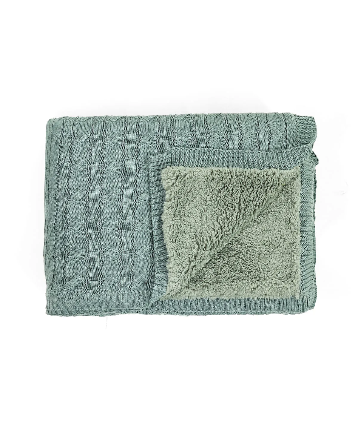 Snake Cable Cotton Knitted Single Bed Sherpa Blanket (Blue Daisy)