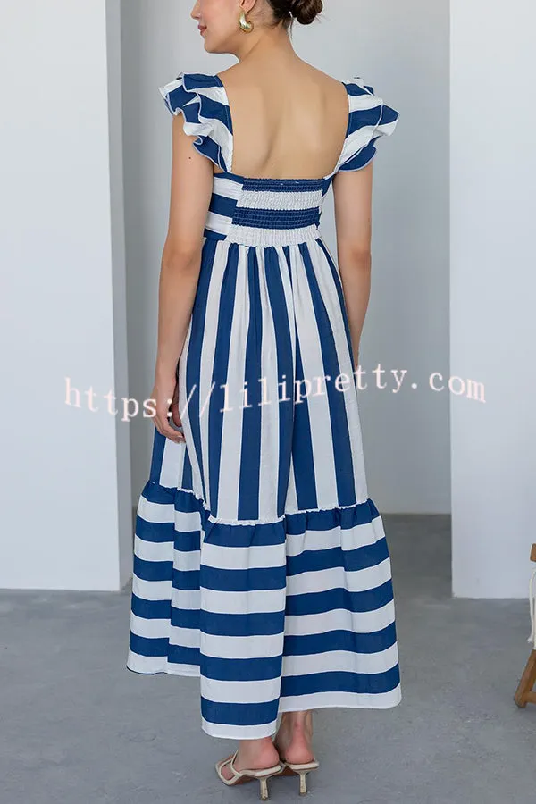 Striped Printed Square Neck Backless Gathered Midi Dress