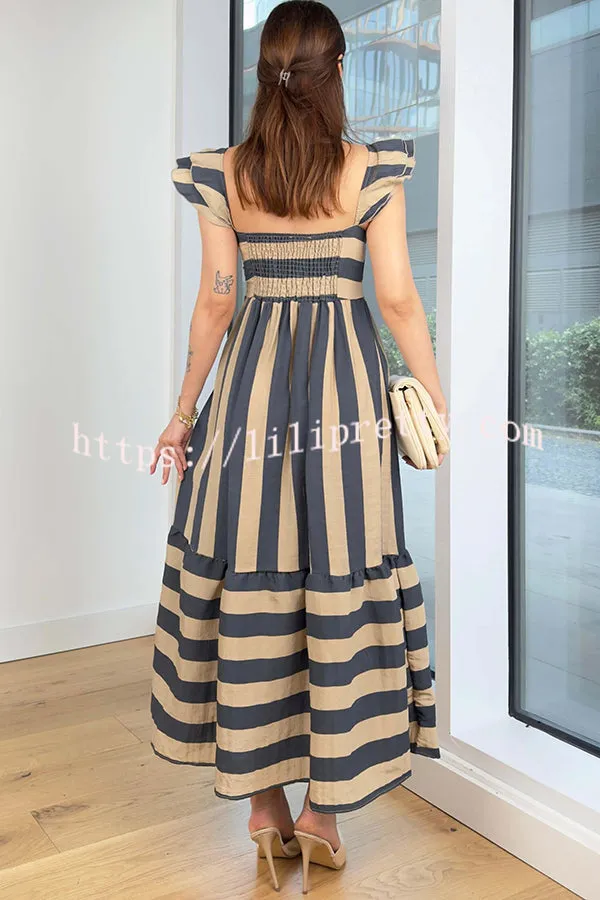 Striped Printed Square Neck Backless Gathered Midi Dress