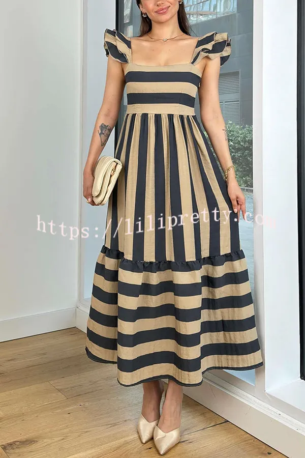 Striped Printed Square Neck Backless Gathered Midi Dress