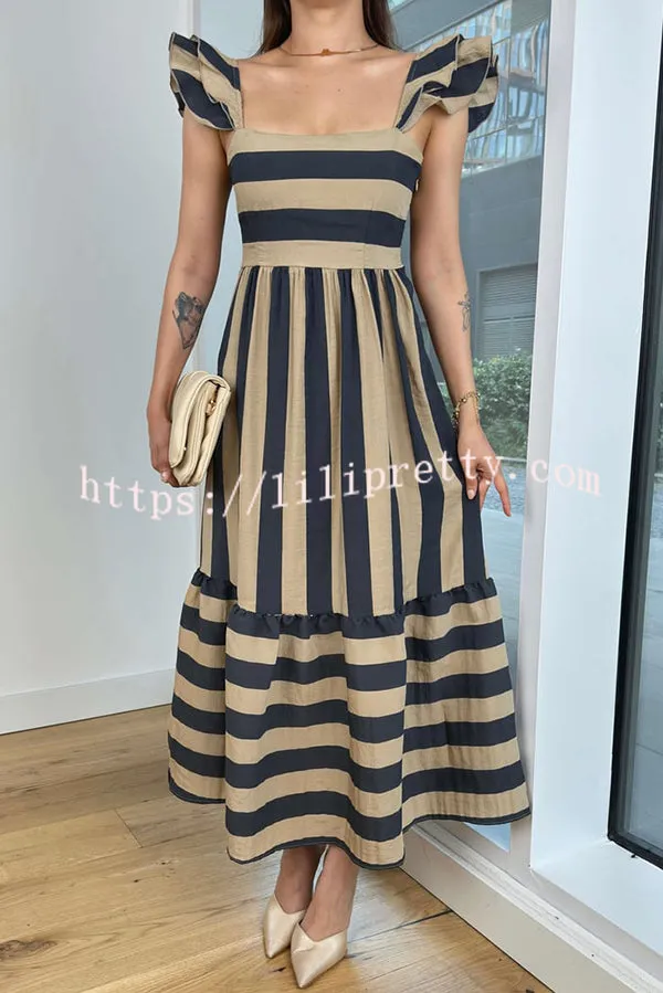 Striped Printed Square Neck Backless Gathered Midi Dress