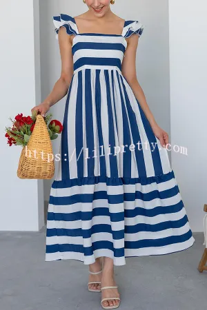 Striped Printed Square Neck Backless Gathered Midi Dress