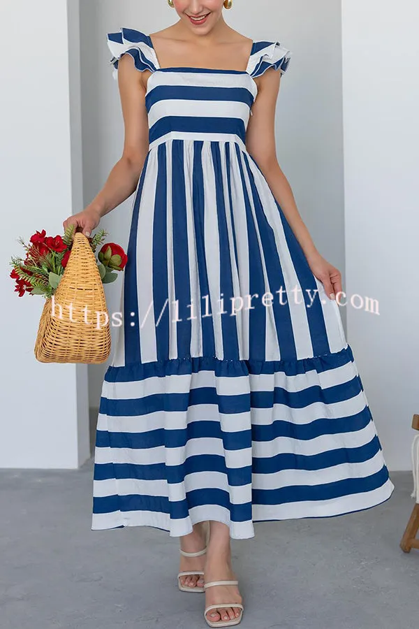 Striped Printed Square Neck Backless Gathered Midi Dress