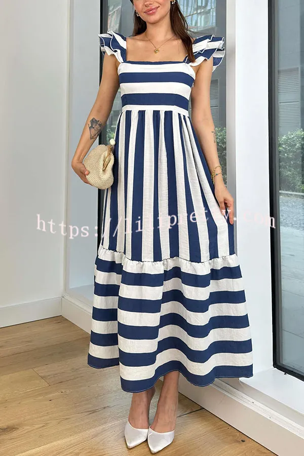 Striped Printed Square Neck Backless Gathered Midi Dress