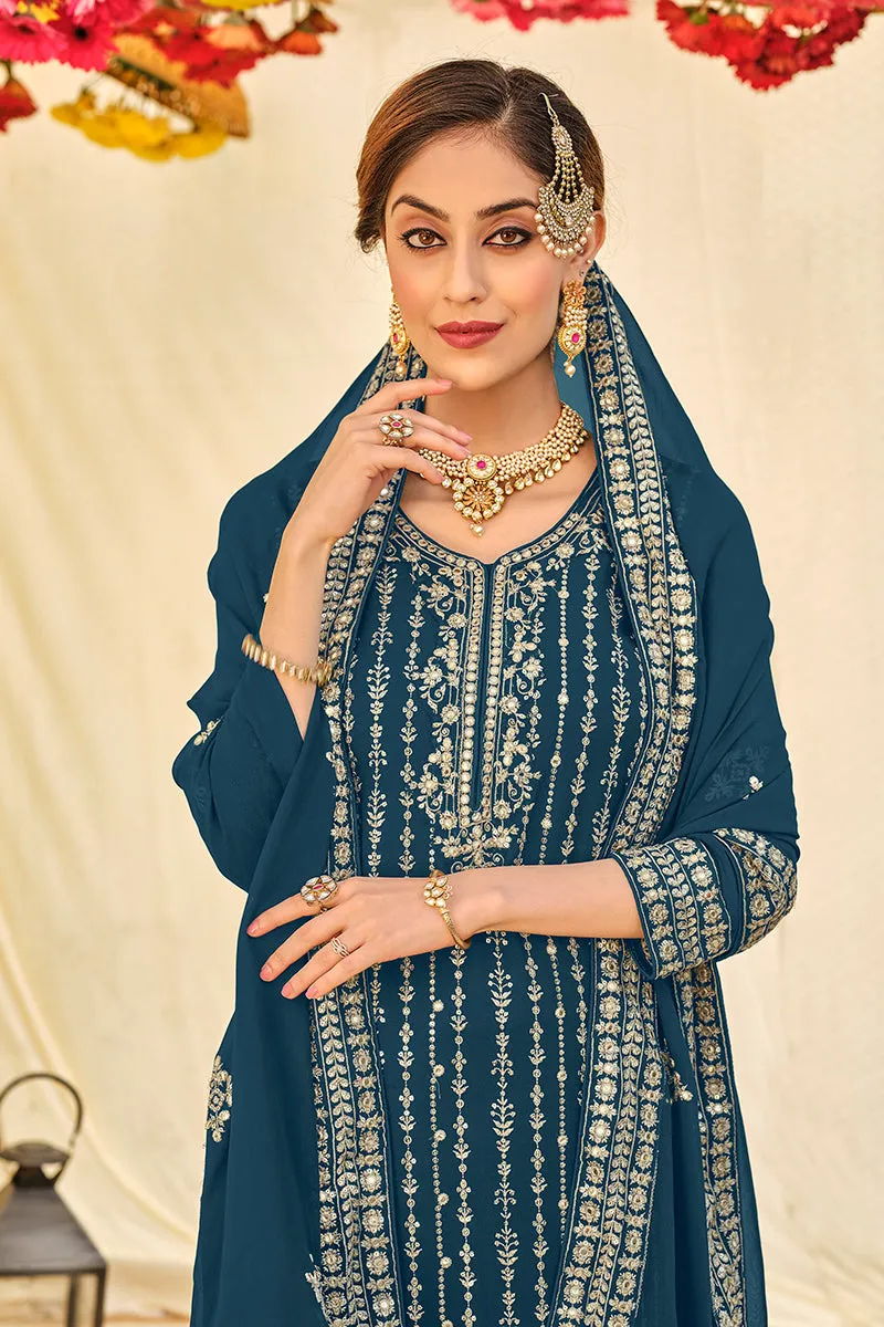 Teal Blue All Over Embroidered Palazzo Style Suit