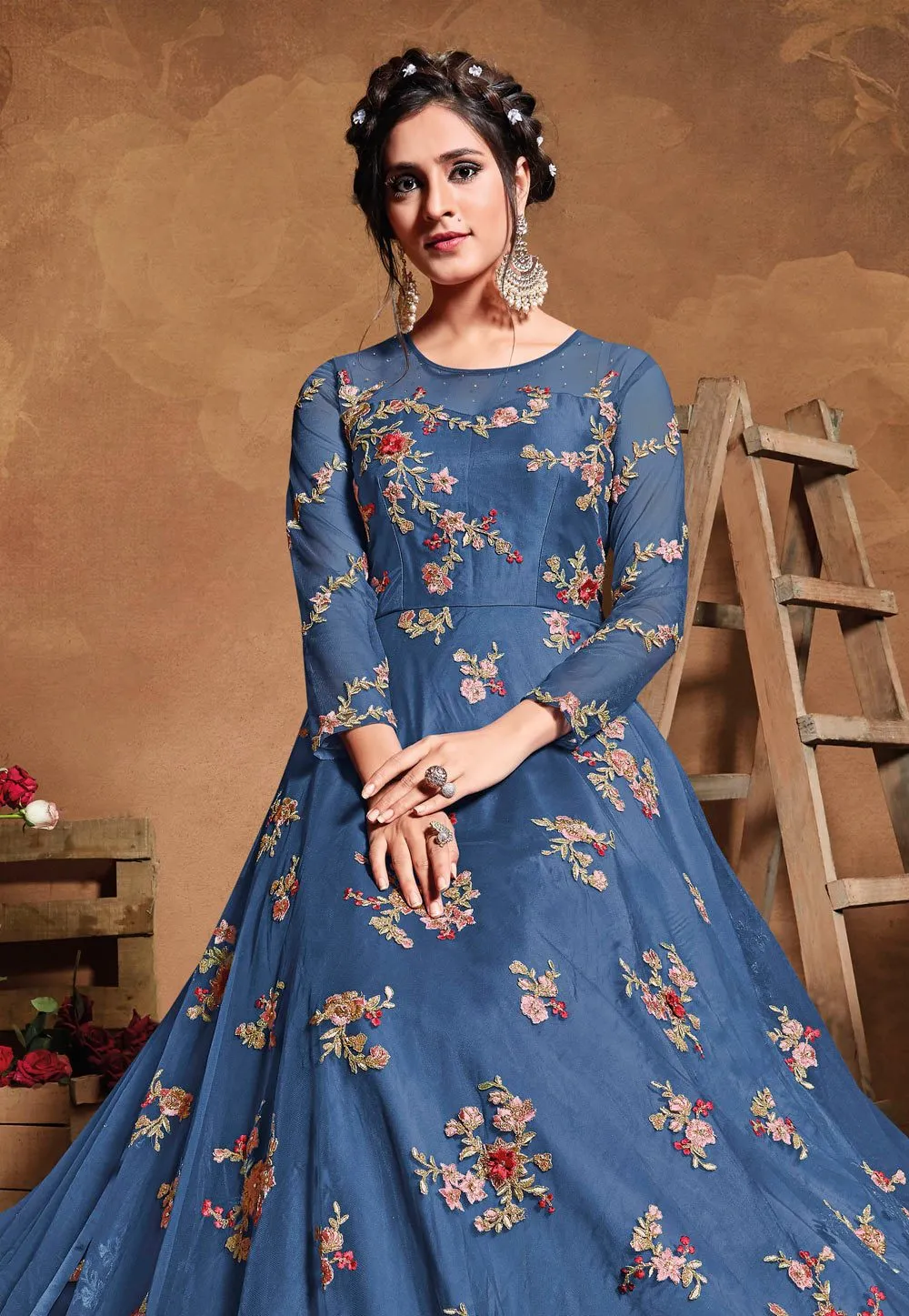 Tempting Blue Net Embroidered Floor Length Anarkali Suit