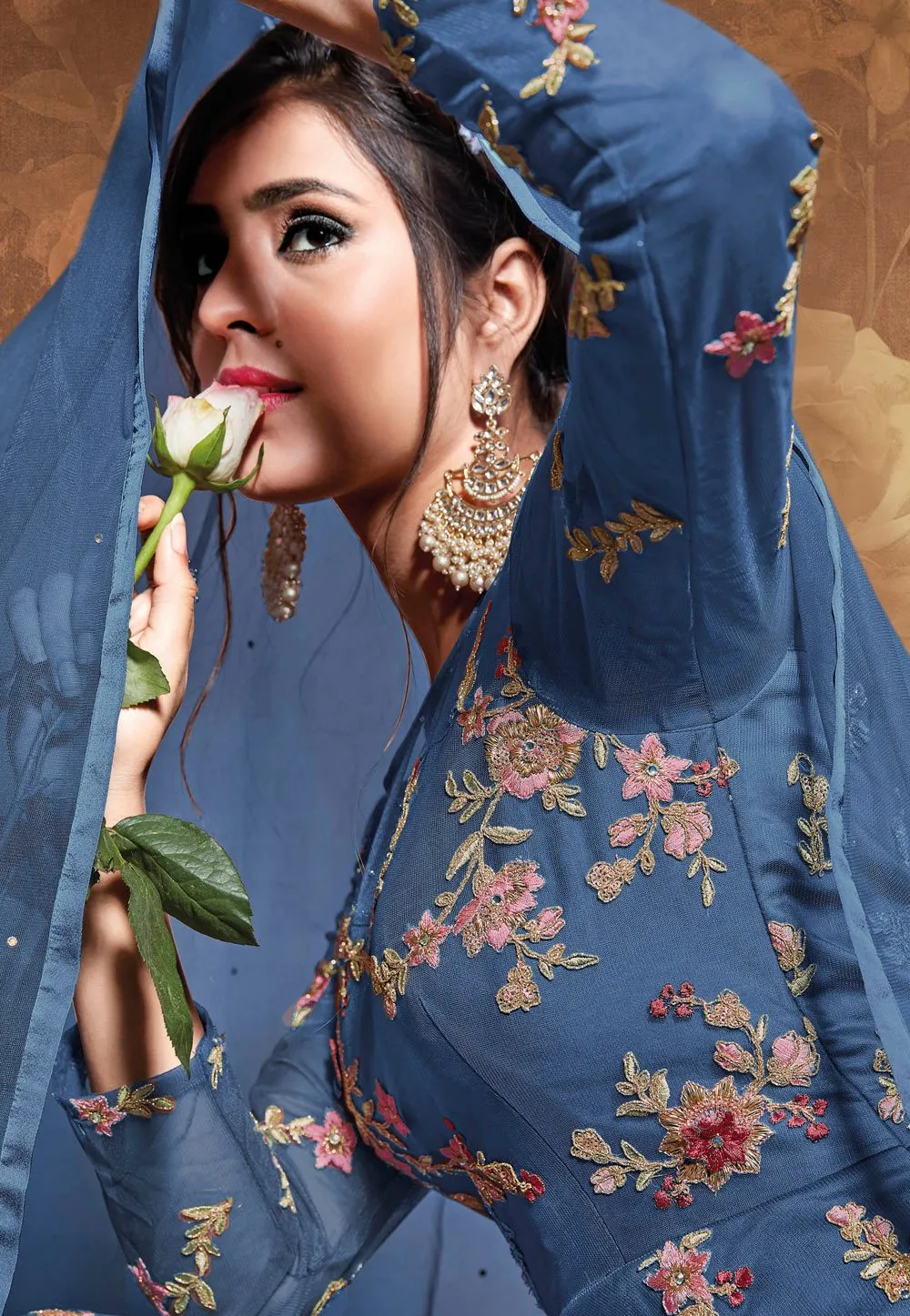 Tempting Blue Net Embroidered Floor Length Anarkali Suit